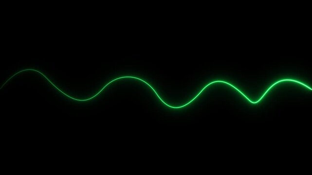 A single continuous glowing green neon light line forming a smooth horizontal wave pattern against a solid black background representing energy flow or a digital signal pulse in a minimalist style