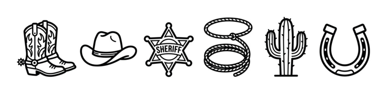 Six distinct black outline Western themed icons are displayed horizontally, featuring classic elements: boots, a hat, a sheriff badge, a lasso, a cactus, and a horseshoe