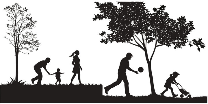 Graphic silhouette scene of a family having fun together outdoors with family friendly silhouette outdoors children lifestyle childhood recreation parenting togetherness