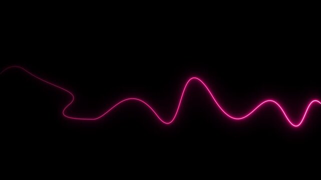 Glowing pink neon light line forming a smooth wavy sine wave pattern against a solid dark black background representing audio frequency signal or data flow visualization for digital technology