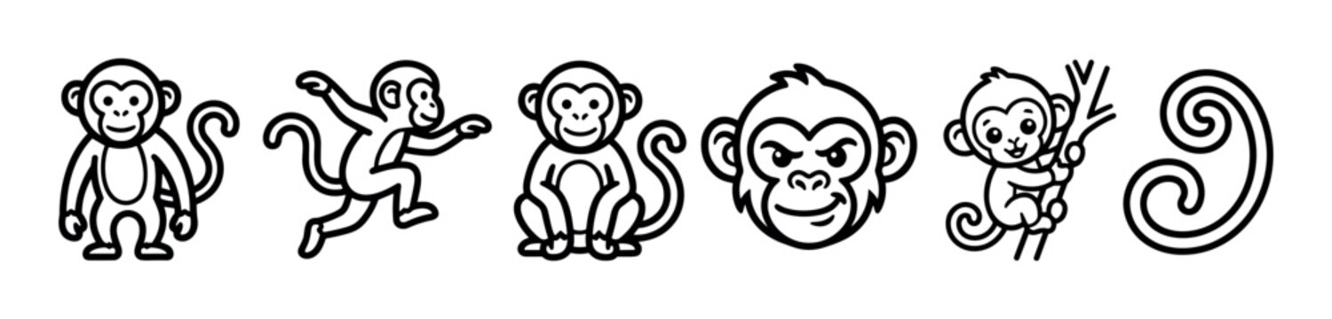 Set of black line art monkey icons in a simple cartoon style, featuring various playful poses, a mischievous face, and a stylized tail element for a mascot or logo concept