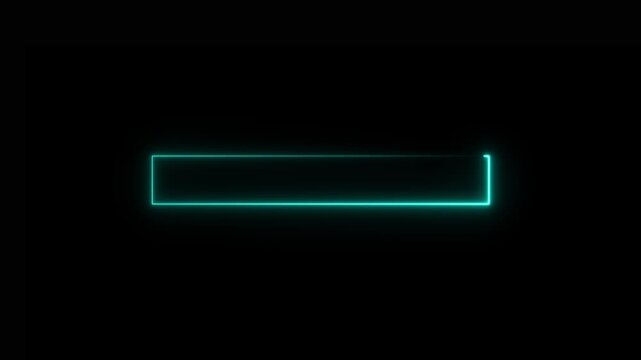 Glowing cyan neon light forming a rectangular frame or loading bar outline against a solid dark black background representing digital interface or notification borders for technology applications