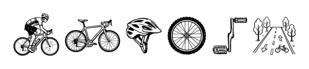 Obraz premium This collection of hand-drawn cycling illustrations features a cyclist, a road bike, a helmet, a wheel, a pedal, and a road scene, all depicted with bold black lines in a simple sketch style