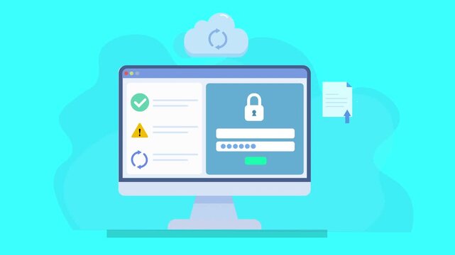Animated screen showing a data protection login dashboard with lock icon and password field, representing AI security system, authentication process, and modern digital interface design.