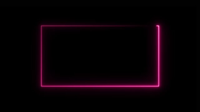 Glowing pink neon rectangular frame isolated on a solid black background featuring a vibrant light trail effect with a smooth continuous line a geometric box shape for digital