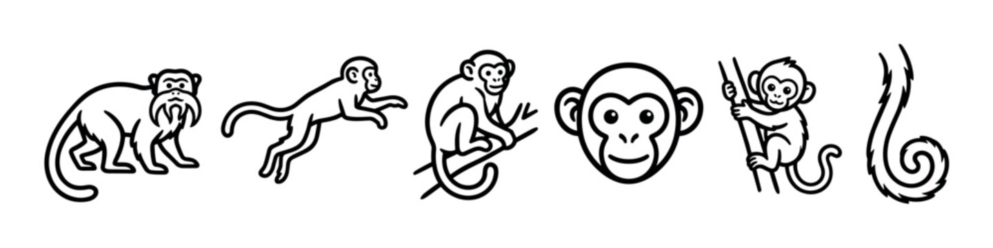 Six black and white monkey icon illustrations showing various playful poses, including a tamarin, a jumping primate, and a smiling face in a minimalist graphic style