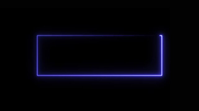 Glowing blue neon rectangular frame border with a light trail effect isolated on a solid black background for digital overlays and screen interface for editing and web