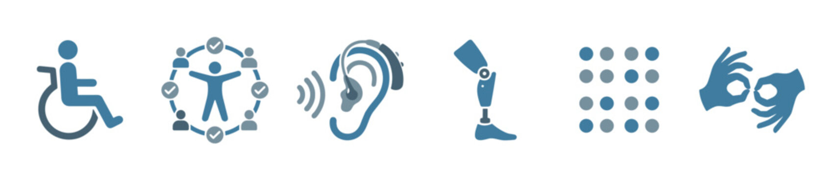 Set of blue disability and inclusion icons showing a wheelchair, hearing aid, prosthetic leg, braille, and sign language symbols for diverse accessibility concepts in a clean design