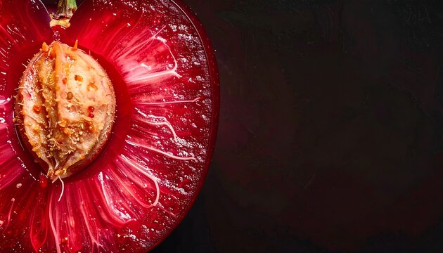 Macro close up of sliced ripe red cherry with pit and juice droplets on dark background