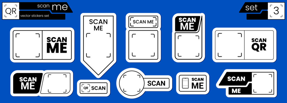 Scan me icon with qr code frame for sticker logo arrow. Design phone payment with shape vector qrcode for cta app website. Set mobile scan with tag qr box for code square illustration