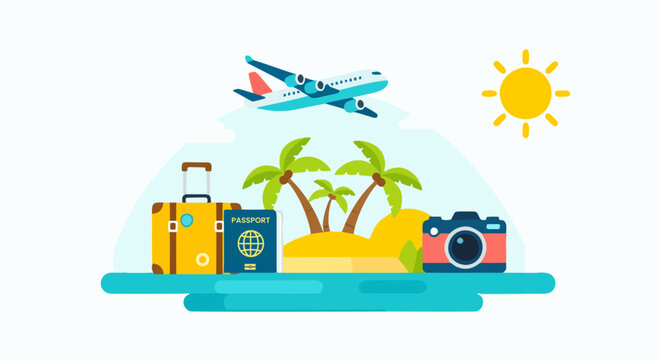 Travel and vacation concept illustration with airplane, tropical island, suitcase, passport, and camera, flat vector design for summer holiday booking and tourism agencies.
