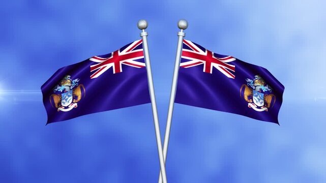 Tristan da Cunha Crossed Flags Waving in Blue Sky Loop