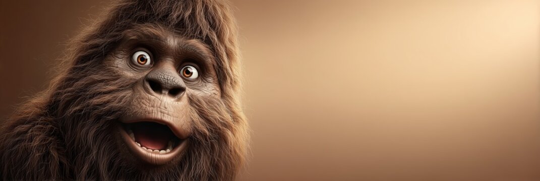 Furry, wide eyed Sasquatch, Bigfoot face shows wide-eyed surprise and an open-mouthed expression. The humorous close-up captures shock, curiosity, and playful, exaggerated emotion.