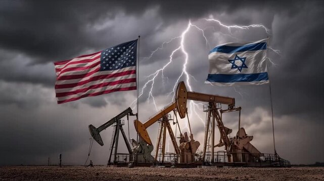 Oil pumps work under stormy sky with American and Israeli flags in view near an oil field