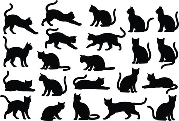 Collection of twenty black cat silhouette icons in diverse poses including sitting, walking, stretching, crouching, and lying down, perfect for design and illustration projects © Shafikul
