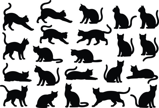 Collection of twenty black cat silhouette icons in diverse poses including sitting, walking, stretching, crouching, and lying down, perfect for design and illustration projects