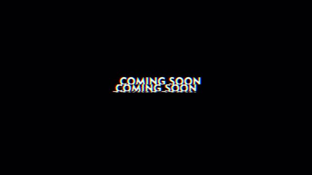 Glitch "Coming Soon" text animation with digital distortion and scanlines. Alpha channel overlay ideal for teaser titles, promos and VFX.