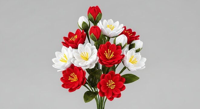 Handmade tsumami zaiku fabric flower bouquet in red and white