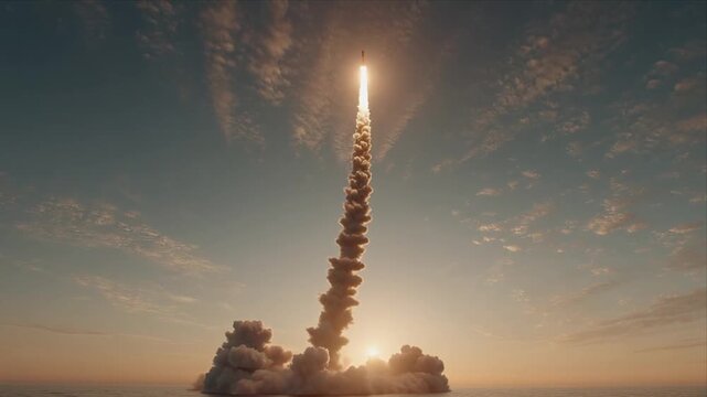 Rocket launch from ocean at sunrise creating clouds and fire in the sky