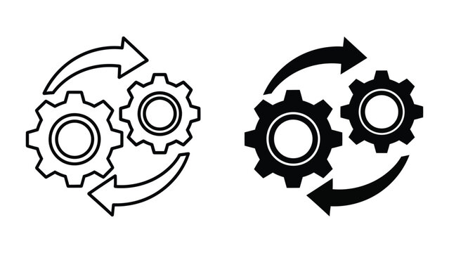 Black and white gear icons with arrows on for business process concepts