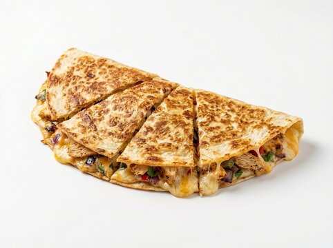 chicken quesadilla melted cheese crispy tortilla photorealistic, studio lighting, soft shadow, isolated on white background, high detail, commercial use

