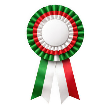 Italian tricolor rosette award ribbon with tricolor, circular, streamers isolated on transparent background