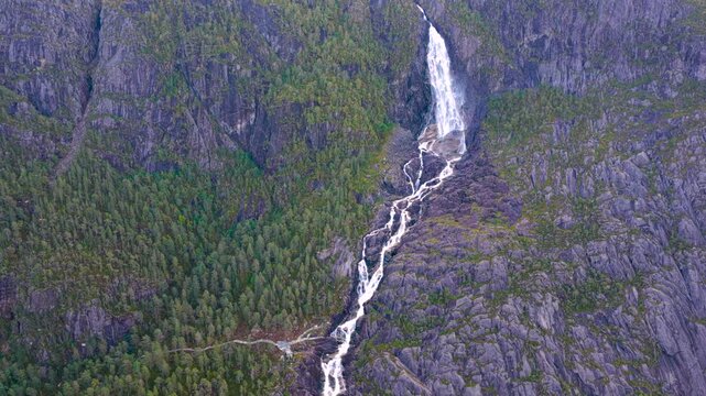 Langfoss Waterfall aerial shot Norway 