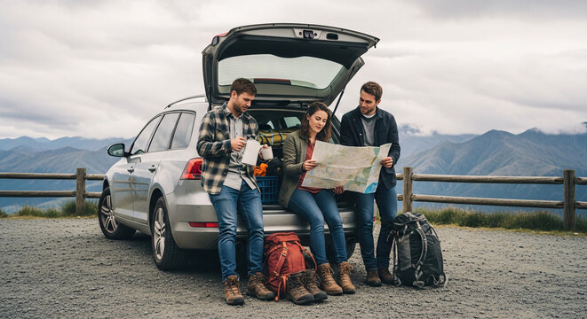 Friends planning road trip from car trunk with map and backpacks in mountains