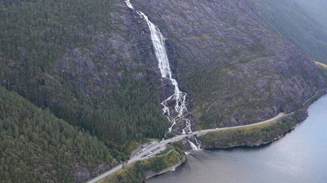 Langfoss Waterfall aerial shot Norway 
