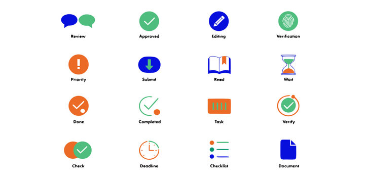 Collection of flat icons representing review approval task completion with document management flat design approved verification priority completed deadline checklist document