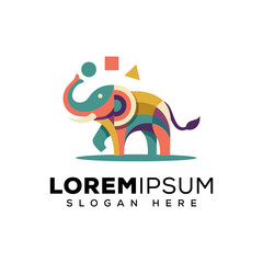 This image presents a whimsical elephant designed with bold shapes and vibrant colors, symbolizing playfulness and creativity in modern branding for various industries. © shuai wang