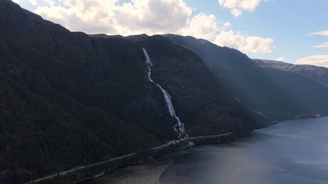 Pan towards Langfoss Waterfall Norway
