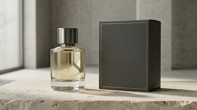 A premium packaging mockup featuring a perfume bottle standing next to its elegant cardboard box embossed with silver foil lettering. Minimalist aesthetic, soft shadows, placed on a high-quality limes