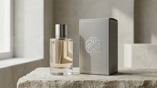 A premium packaging mockup featuring a perfume bottle standing next to its elegant cardboard box embossed with silver foil lettering. Minimalist aesthetic, soft shadows, placed on a high-quality limes