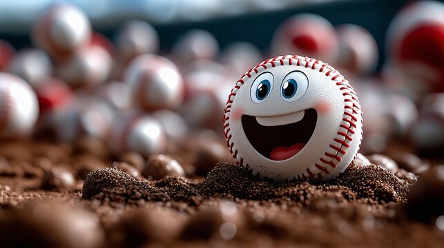 A cheerful baseball with googly eyes grins playfully from a dirt field surrounded by balls. The whimsical image blends humor, sport, and lighthearted fun.