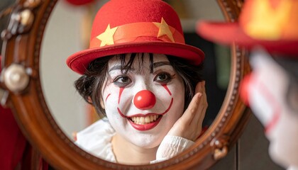 Fototapeta premium 丸い鏡に映ったピエロのメイクをした女性がほほえむユーモラスなポートレート