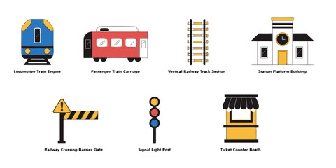 Flat vector set of train station and railway elements including engine and signal light with locomotive carriage transportation platform infrastructure logistics traveling © Rabbi