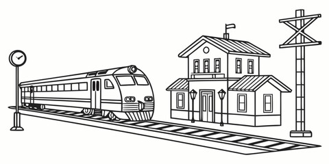 Train approaching railway station building with platform and clock tower black and white line art illustration transportation building platform locomotive commuter architecture © Rabbi