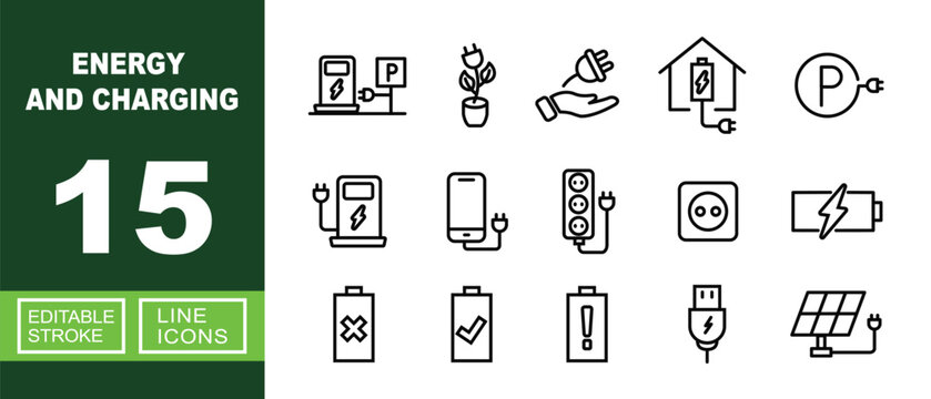 Energy and Charging set of web icons in line style. Containing station, plant, plug, home, parking, smartphone, extension, socket, battery, solar-panel, usb and more. Editable stroke icons collection.