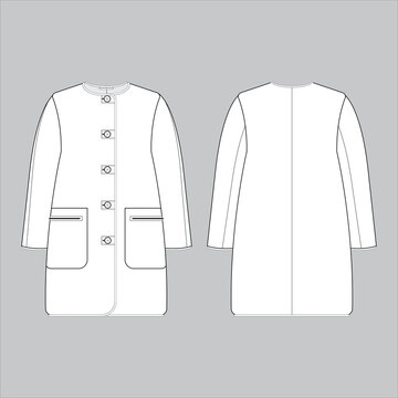 Collarless Button-Front Coat with Pockets Fashion Flat Sketch Front and Back