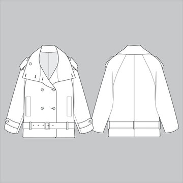 Women's Double-Breasted Belted Coat Fashion Flat Sketch Front and Back