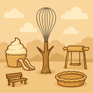 whimsical cartoon outdoor picnic dessert scene with tree