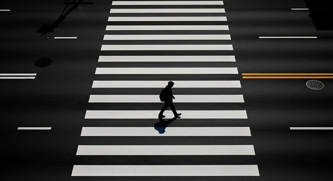 Aerial View of Lone Silhouette Man with Backpack Crossing Zebra Crosswalk on Dark Asphalt Street, Urban Solitude and City Life Concept