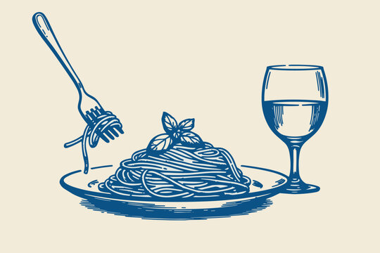 Blue ink of spaghetti on a plate with a fork and wine glass