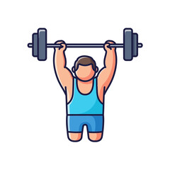 Naklejka premium Cartoon strongman lifting barbell overhead, fitness and gym workout icon