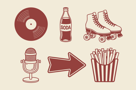 Retro vinyl record soda bottle roller skates microphone arrow french fries
