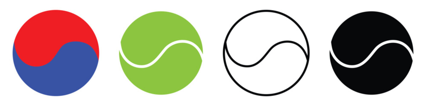 Green and black and ball icon set. Taegeuk symbol set isolated on white background. Red-blue circle taegeuk symbol. Vector illustration.