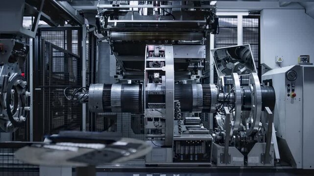 Modern automated factory production line with robotic arms and smart technology for efficient manufacturing.