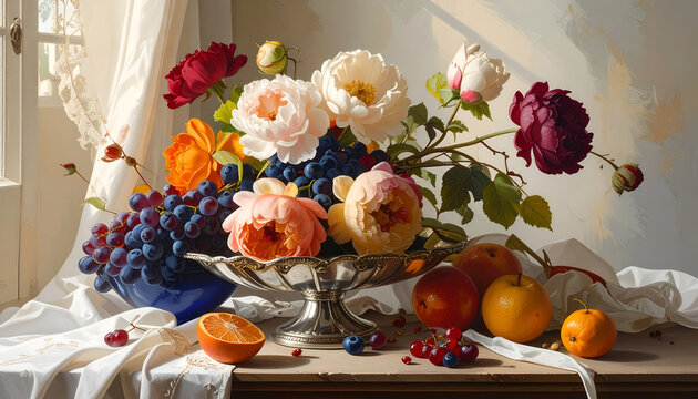 Lukisan benda mati berupa bunga dan buah.