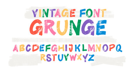 Carnival grunge funky font with colorful cartoon alphabet and playful groovy letters. Joyful festive typography for bright logos, comic headlines, bouncy titles, creative fiesta typeface vector set. © Anatoliy